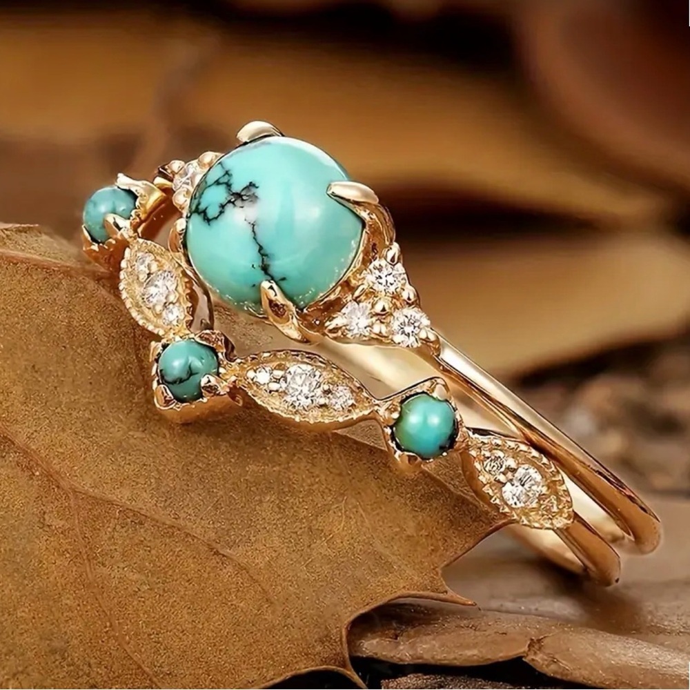 Turquoise Color Stone Gold Tone Stacking Ring Set (R33) - Picture 4 of 6